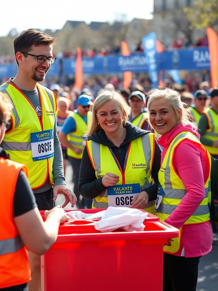 A group of enthusiastic volunteers assisting runners during the Nantes Marathon, highlighting the community support.