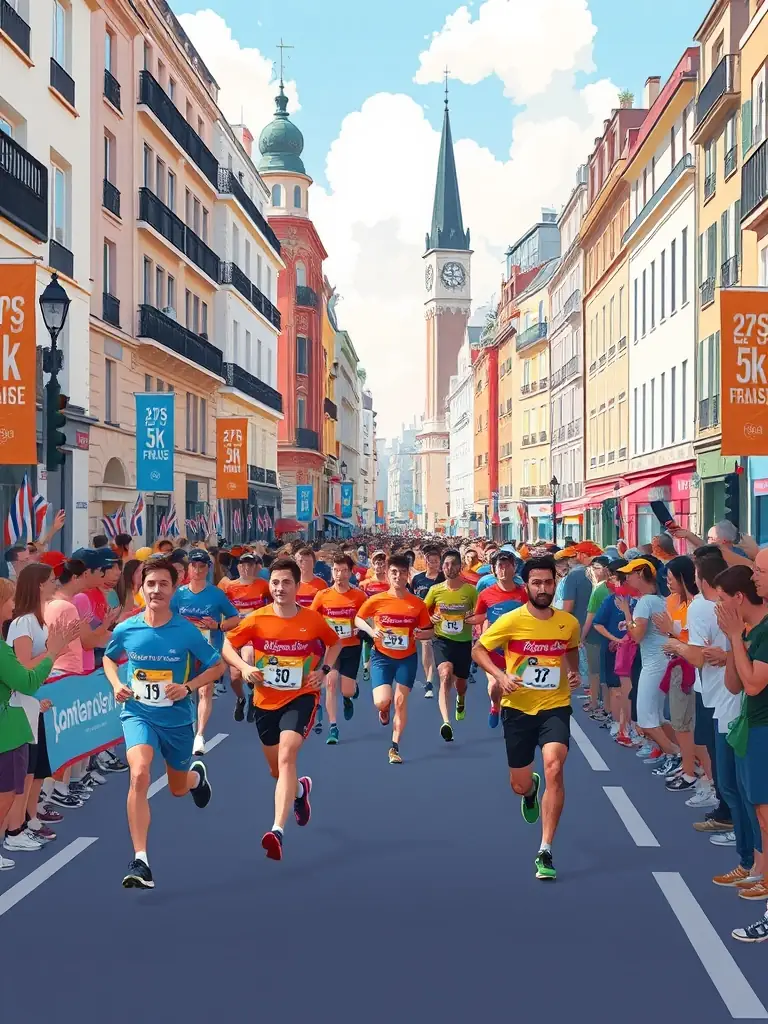 A dynamic image of runners participating in a 5k fun run through the streets of Nantes, with spectators cheering them on.