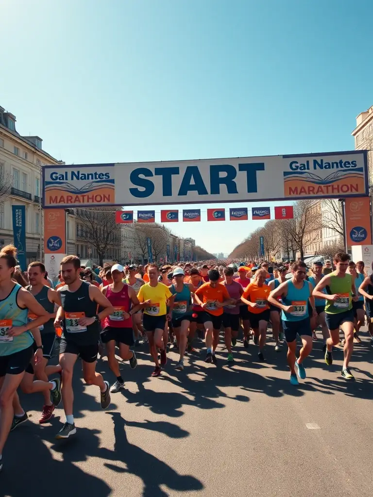 A photograph of the starting line of the Nantes Marathon, filled with enthusiastic runners ready to begin the race, under a clear blue sky.
