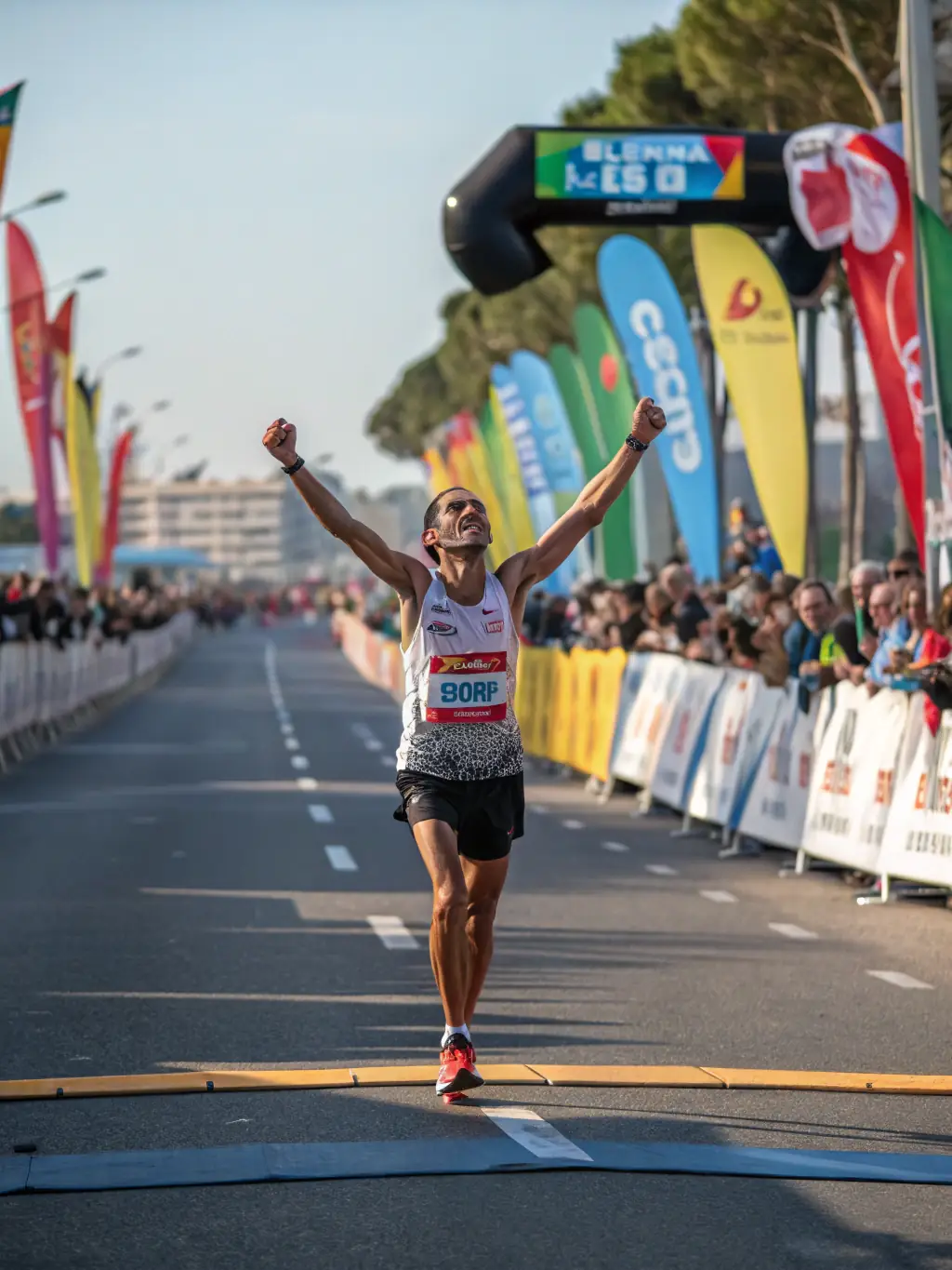 A runner triumphantly crossing the finish line of the Nantes Marathon, symbolizing the achievement and dedication of the participants.