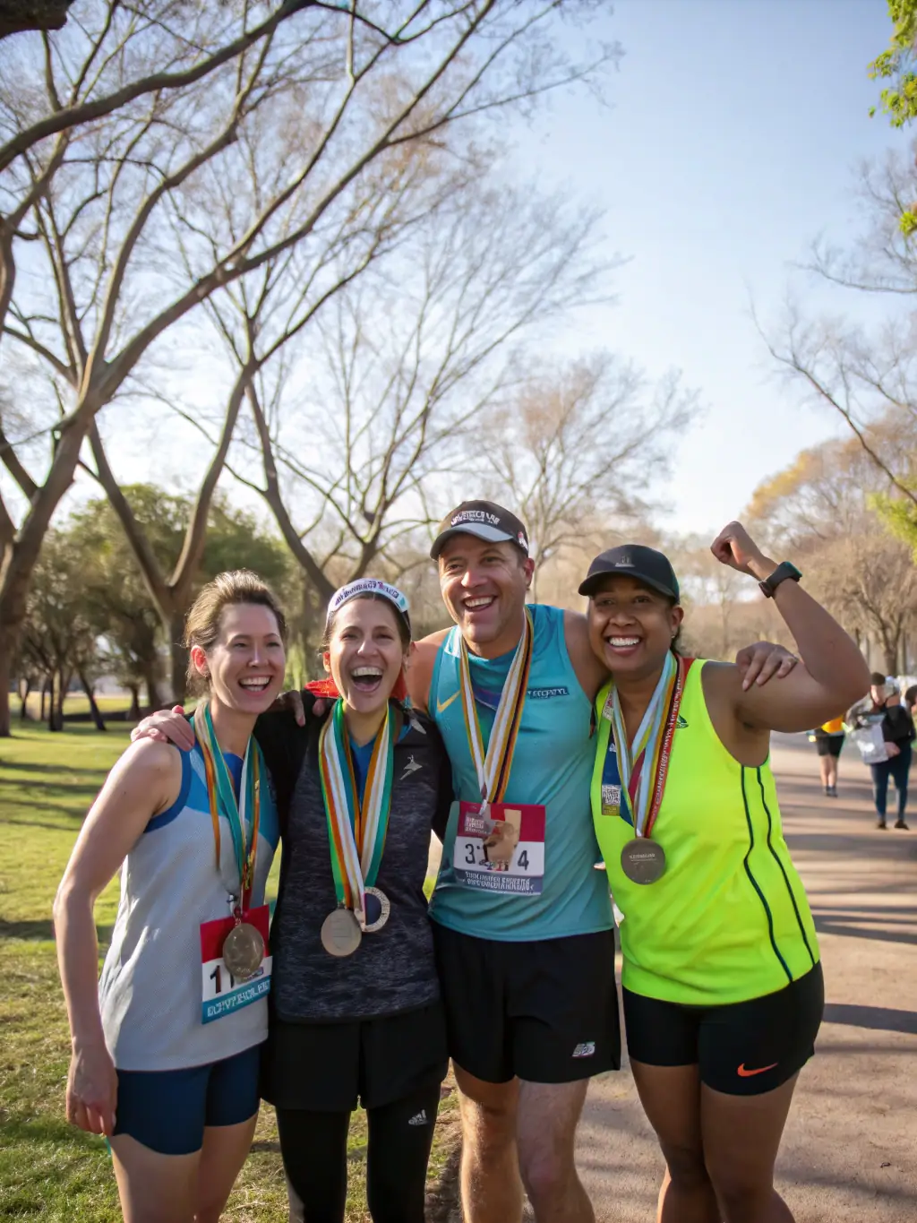 A photo of a post-race celebration, with runners and volunteers enjoying food, music, and camaraderie after the Nantes Marathon.
