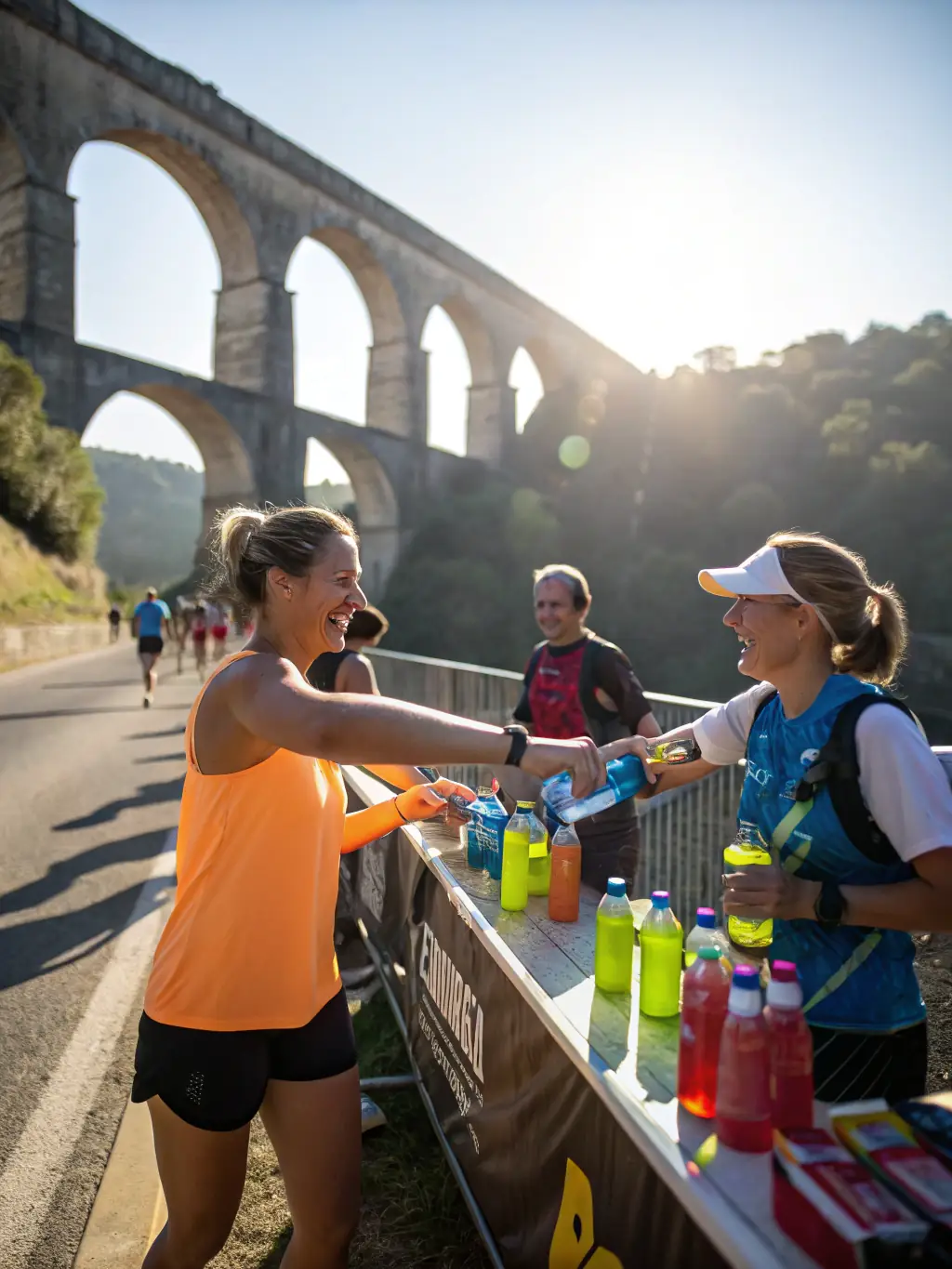 A group of volunteers cheerfully handing out water bottles to runners during the Nantes Marathon, showcasing community support.